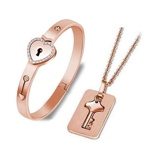 "Key to My Heart" Couple Key Necklace and Love Lock Bracelet