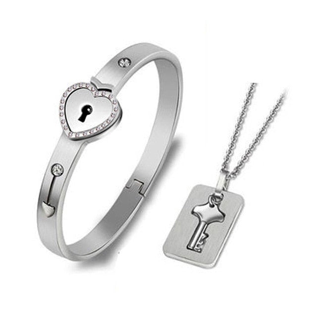 "Key to My Heart" Couple Key Necklace and Love Lock Bracelet