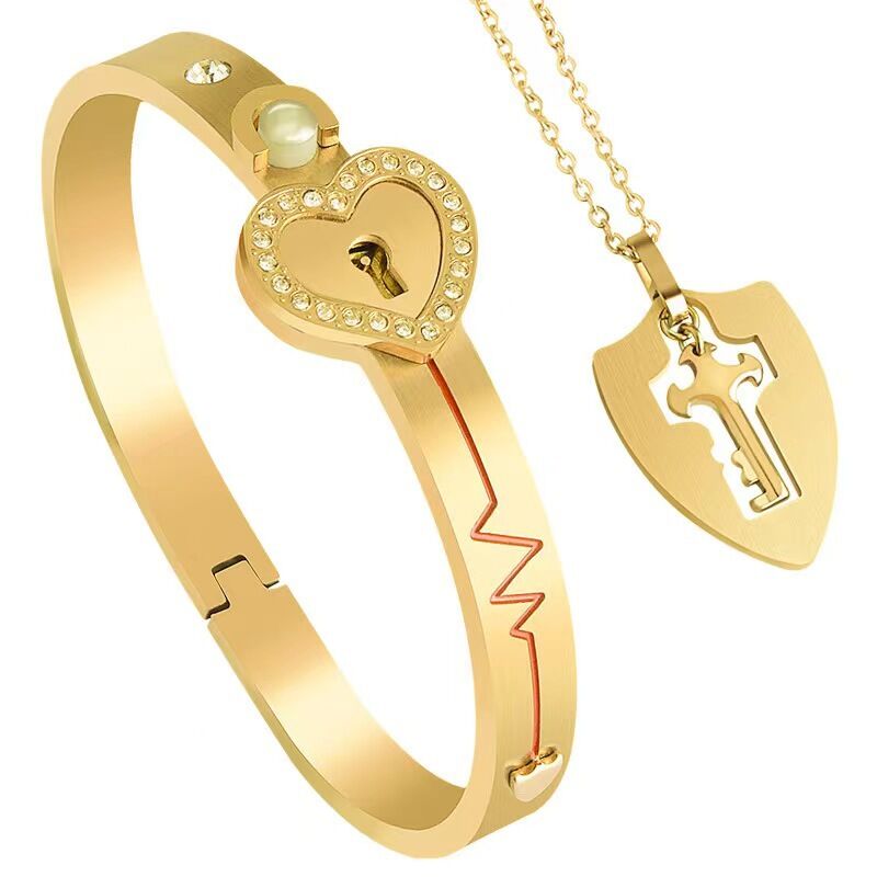 "Key to My Heart" Couple Key Necklace and Love Lock Bracelet