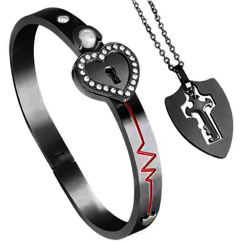 "Key to My Heart" Couple Key Necklace and Love Lock Bracelet