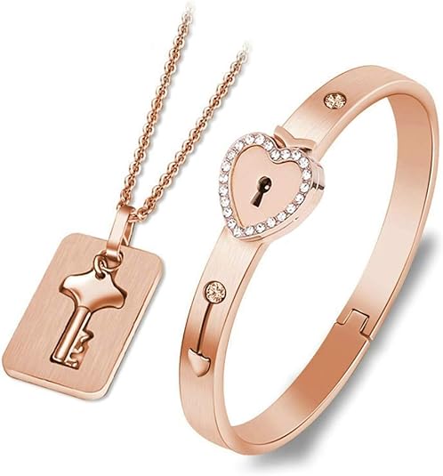 "Key to My Heart" Couple Key Necklace and Love Lock Bracelet