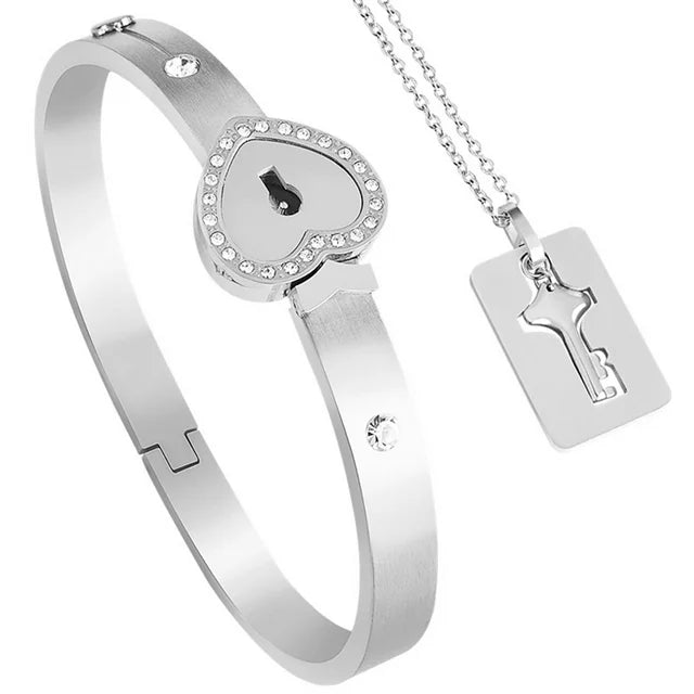 "Key to My Heart" Couple Key Necklace and Love Lock Bracelet